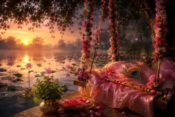 A flower swing, flute and peacock feather by a lotus pond at dawn for Radha Ashtami
