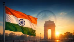 The Indian tricolour flag waving with India Gate behind it for Republic Day