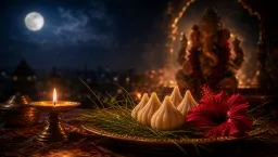 A moonrise over modak and durva before a back-lit Ganesha for Sankashti Chaturthi