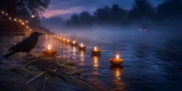 Lamps floated on a dark river at dusk for Sarva Pitru Amavasya