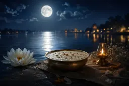 A bowl of kheer in the moonlight on the brightest full moon for Sharad Purnima