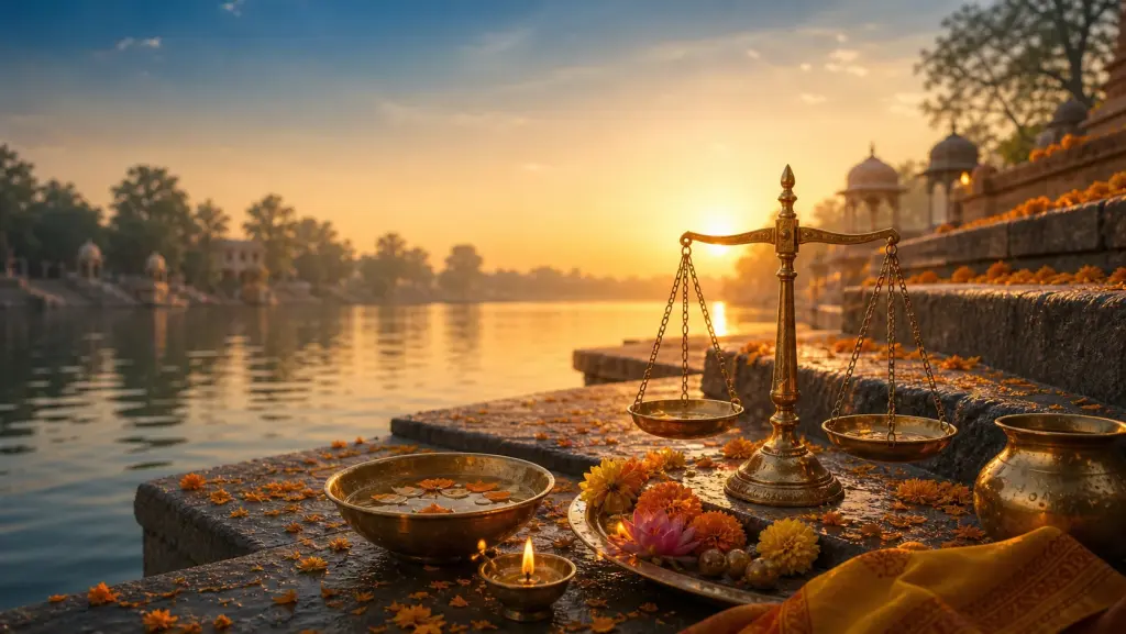 An autumn river sunrise with a faint scales motif for Tula Sankranti