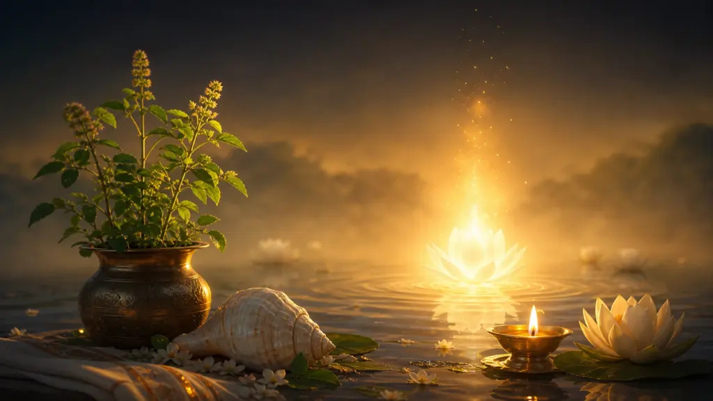 A tulsi, conch and newborn lotus glow for Utpanna Ekadashi
