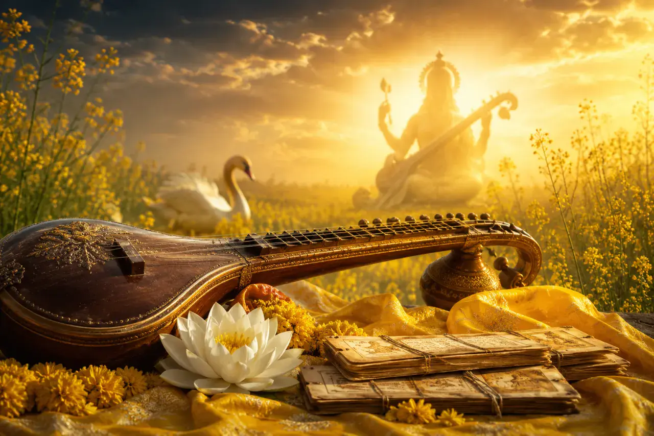 A veena, books and white lotus among yellow blossoms for Vasant Panchami