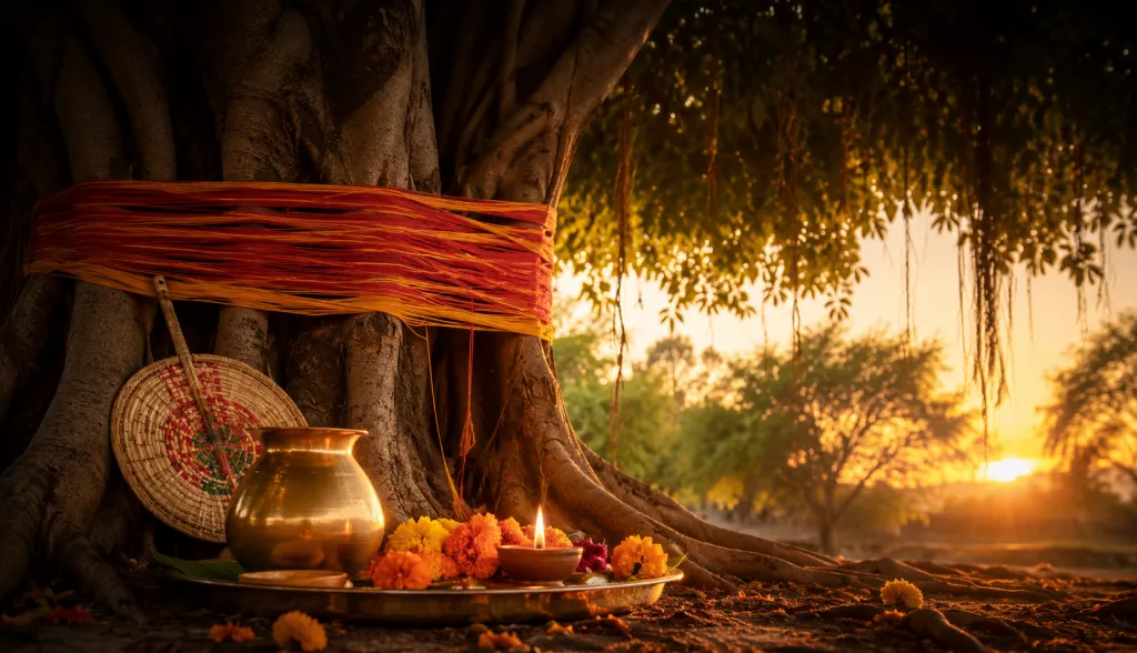 वट सावित्री व्रत के लिए सूत्र से बँधा वट वृक्ष, व्रत की थाली और हाथ का पंखा