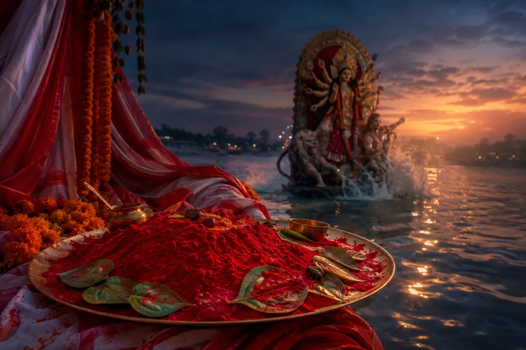 विजया दशमी के लिए सिंदूर खेला का सिंदूर और विसर्जन के समय दुर्गा प्रतिमा