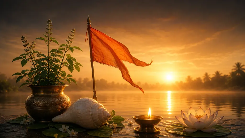 A tulsi, conch and a victory banner at dawn for Vijaya Ekadashi