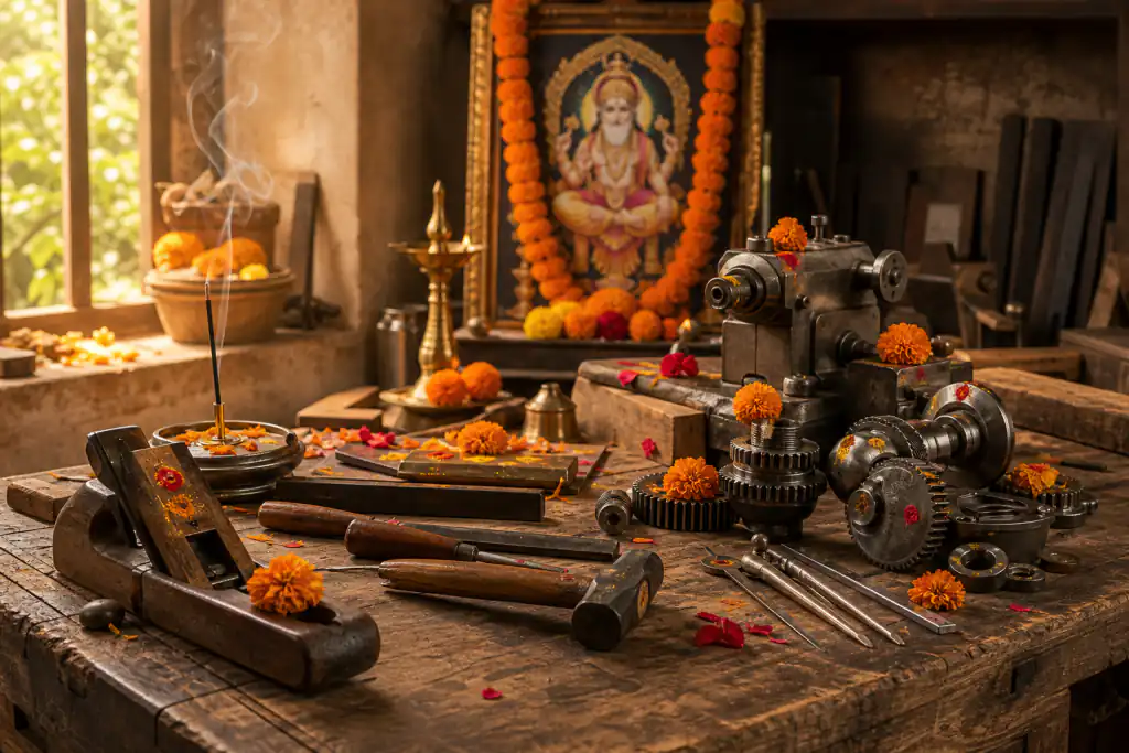 Lord Vishwakarma beside carefully arranged artisan tools in a decorated workshop