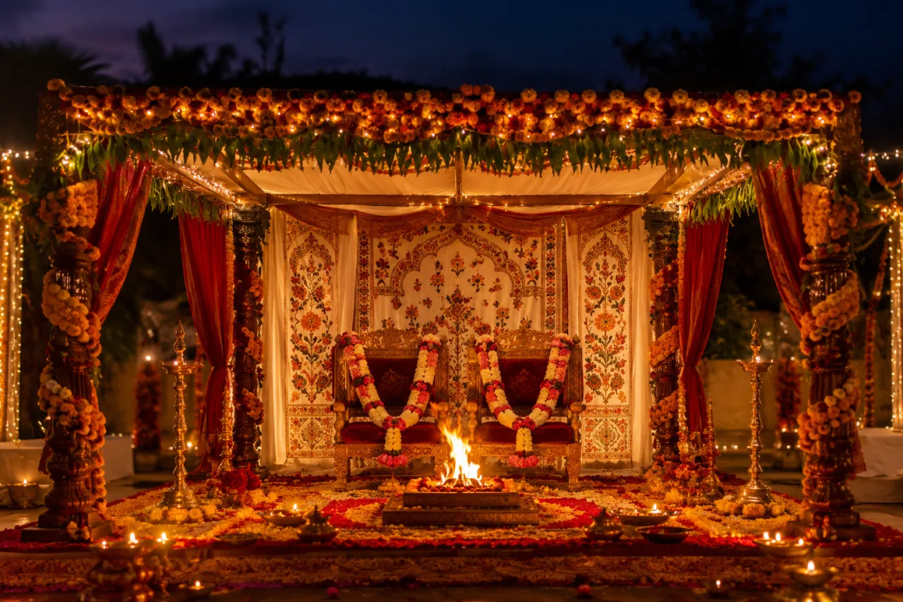 A flower-decked wedding mandap with sacred fire and jaimalas for Vivah Panchami