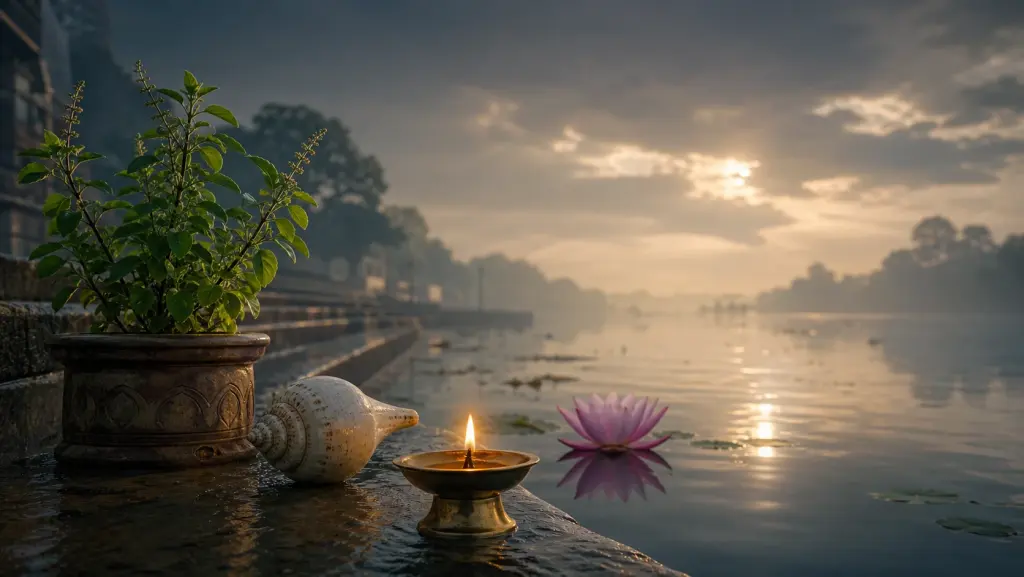 A tulsi and a meditative lamp in early monsoon for Yogini Ekadashi